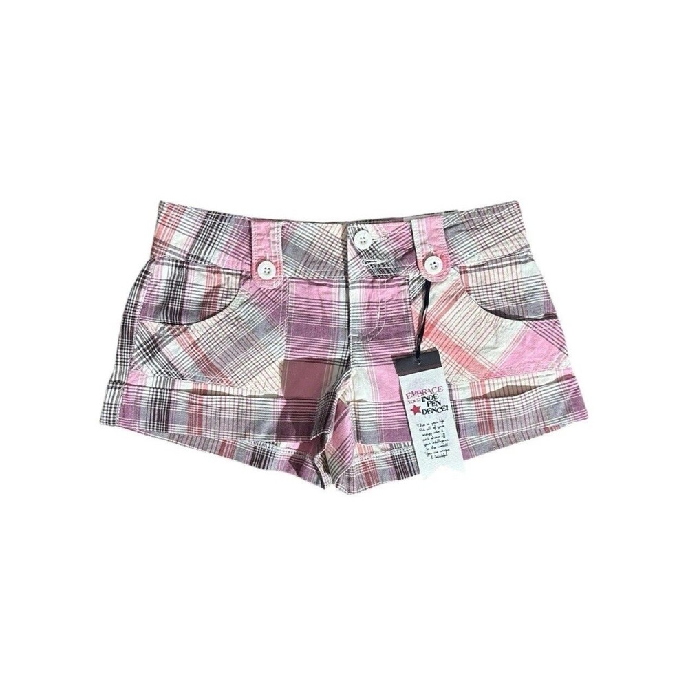 VTG Y2K l.e.i. Plaid Mini Shorts Black Pink White Grunge New Rare Preppy Sz 1